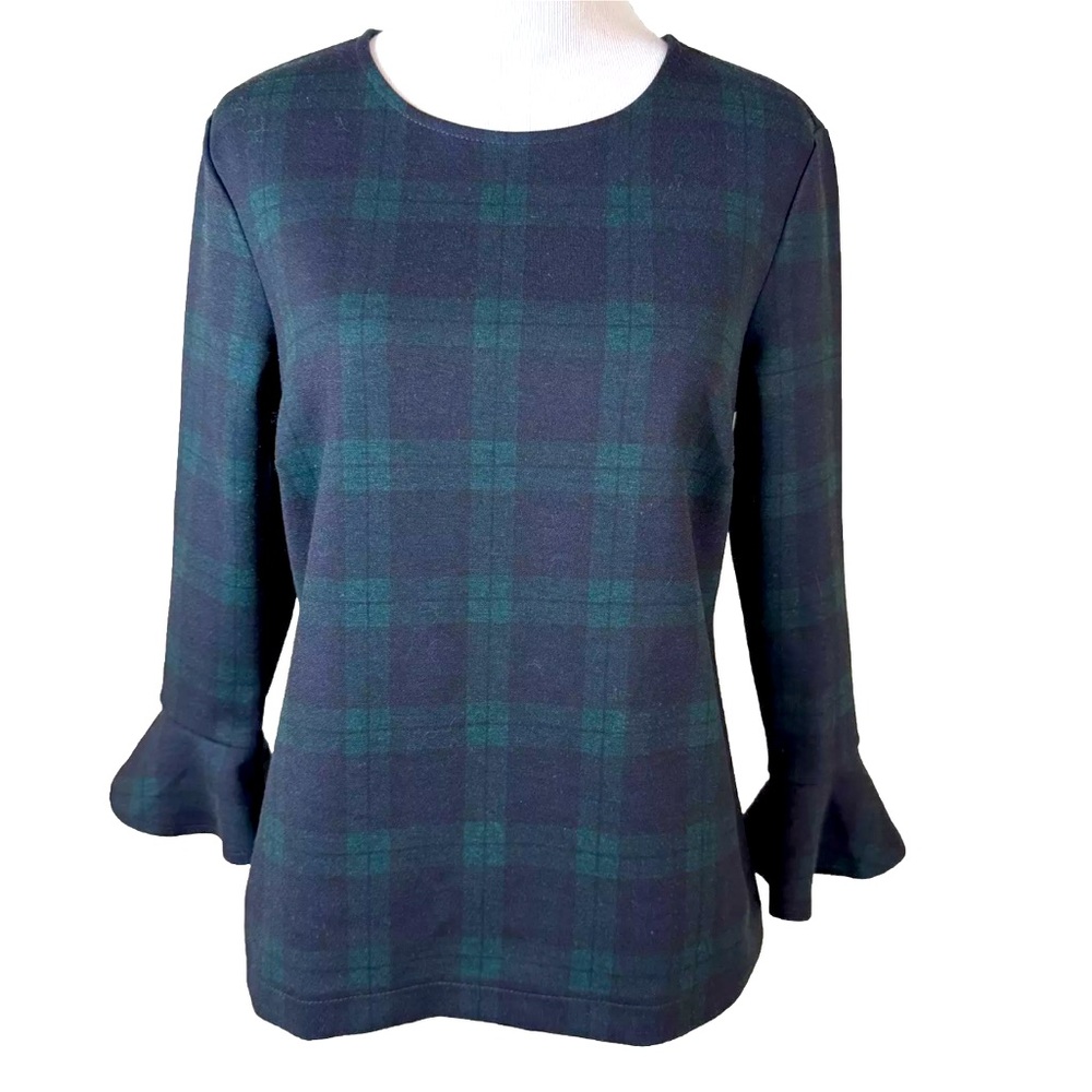 Ann Taylor Tartan Plaid Holiday Top Bell Sleeves Womens XS